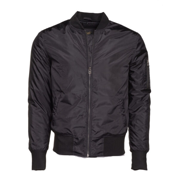 Allan’s black Nylon flight jacket with ribbed waist